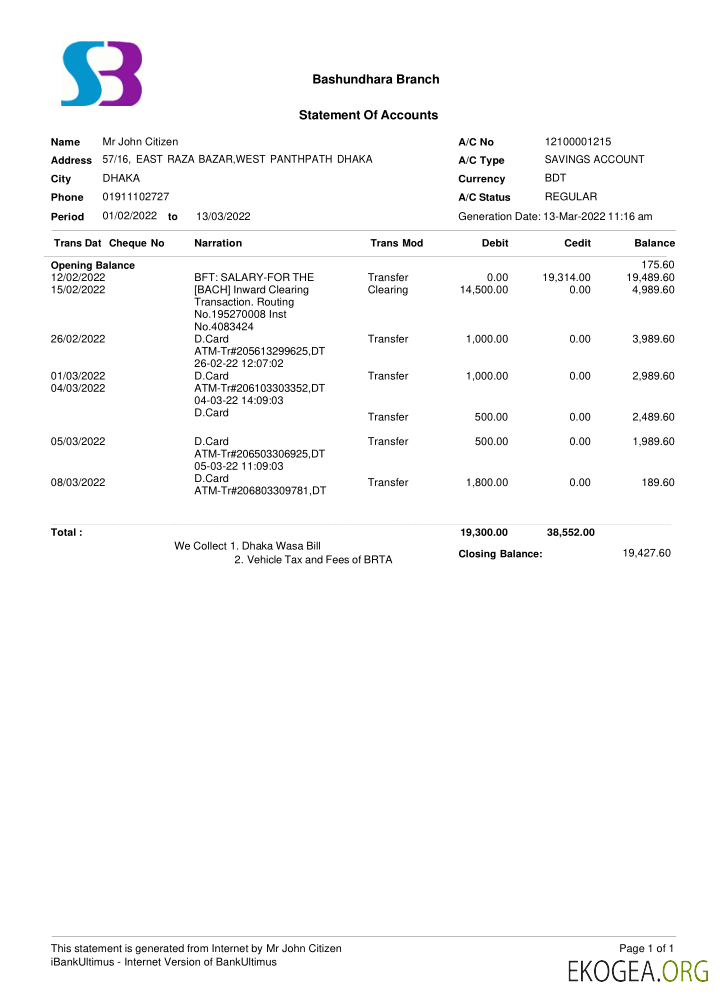 Relevé bancaire SB du Bangladesh